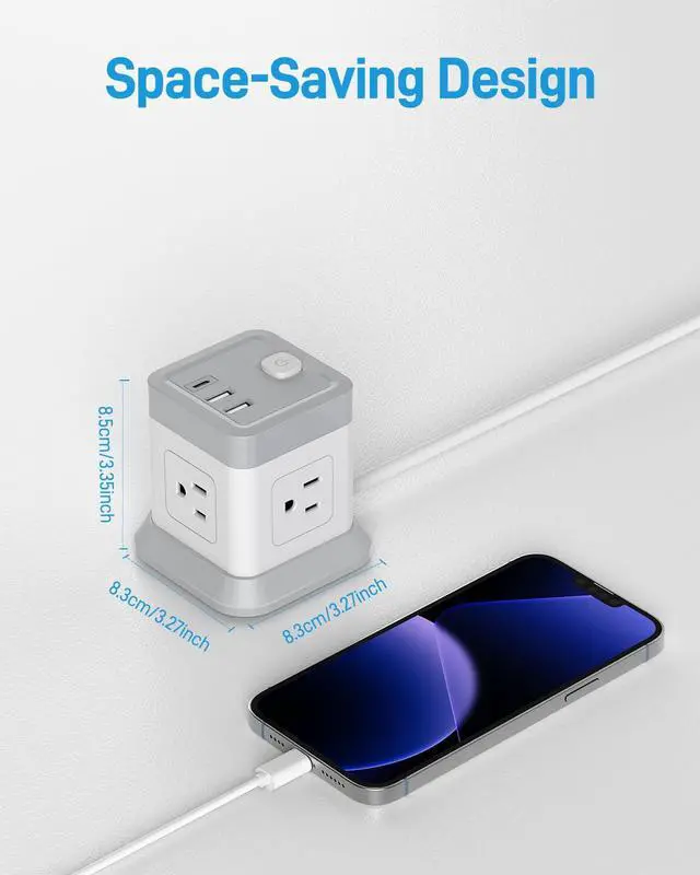 Alt view image 6 of 7 - Power Strip Cube Desktop Charging Station 4 Outlets 3 USB Ports | 5ft extension cord, overload protection, widely spaced outlets, compact for travel cruise ship dorm ETL Listed