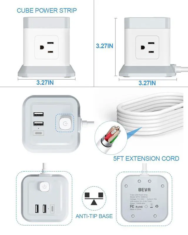 Alt view image 7 of 7 - Power Strip Cube Desktop Charging Station 4 Outlets 3 USB Ports | 5ft extension cord, overload protection, widely spaced outlets, compact for travel cruise ship dorm ETL Listed