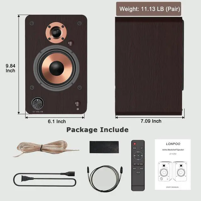 Alt view image 7 of 7 - 100W HiFi Active Bookshelf Speakers with Bluetooth | 4'' Aluminum Woofer, 12MM Wooden Cabinet, DSP-Tech, Optical/RCA/USB/AUX for TV PC Turntable (LP-42M)