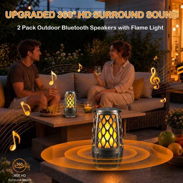 Alt view image 2 of 7 - Outdoor Bluetooth Speaker, LED Flame Desk Lamp, IPX6 Waterproof Outdoor Speaker, Multi-Sync Up to 100 Speakers, 3 Lighting Modes, Bluetooth 5.3, Auto-Pairing, Indoor & Outdoor Party Speaker (2 Pack)