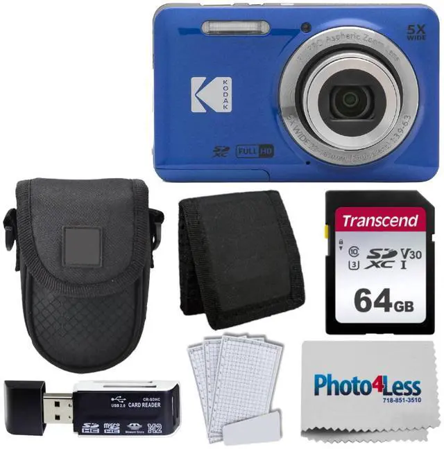 Main image of Kodak PIXPRO FZ55 Digital Camera (Blue) + Black Point & Shoot Camera Case + Transcend 64GB SD Memory Card + Tri-fold Memory Card Wallet + Hi-Speed SD USB Card Reader + More!