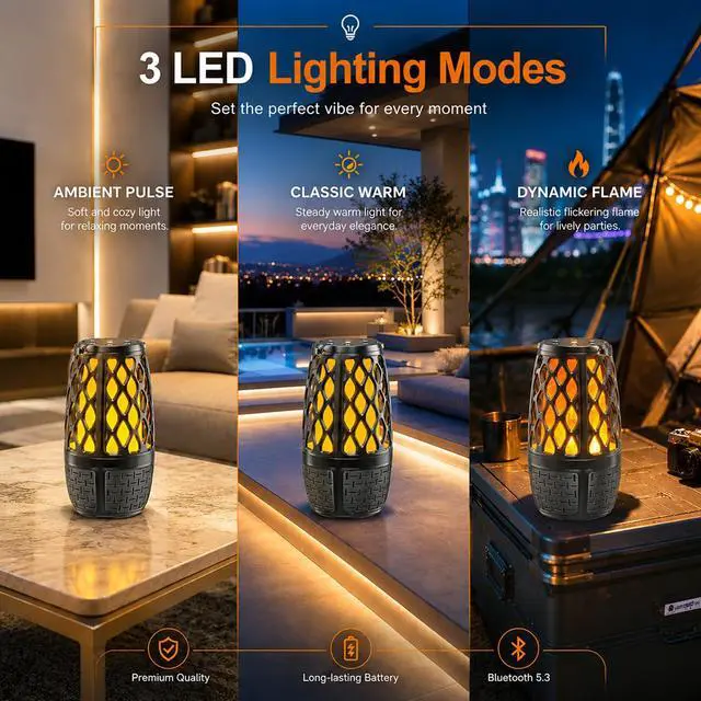 Alt view image 3 of 7 - Outdoor Bluetooth Speaker, LED Flame Desk Lamp, IPX6 Waterproof Outdoor Speaker, Multi-Sync Up to 100 Speakers, 3 Lighting Modes, Bluetooth 5.3, Auto-Pairing, Indoor & Outdoor Party Speaker (2 Pack)