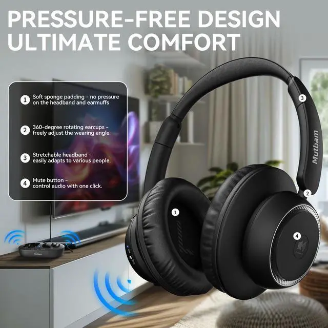 Alt view image 7 of 7 - Wireless Headphones for TV, TV Headphones Wireless for Seniors | Charging Dock, 65H Playtime, Low Latency, Plug-Play, Optical RCA AUX Bluetooth, Assistive Hearing Headset, Gifts for Elderly