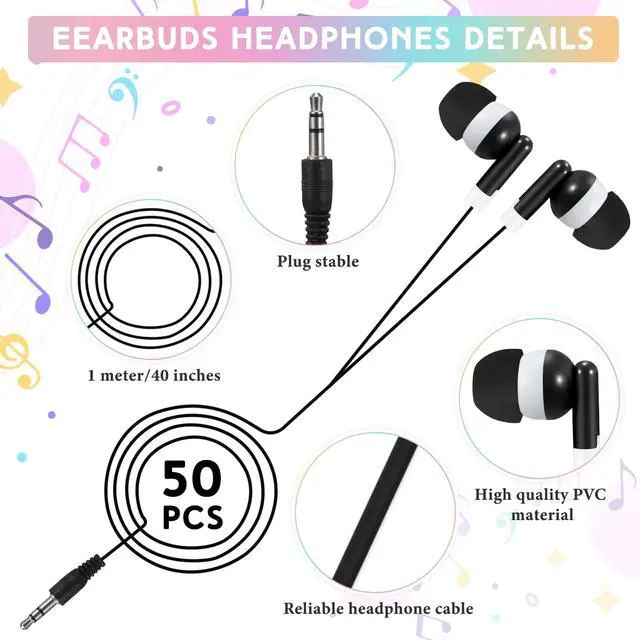 Alt view image 2 of 6 - 50 Pack Earbud Bulk Headphone for Classroom Earphone Earbud with Wire Individually Bagged Wired in Ear Buds(Black)