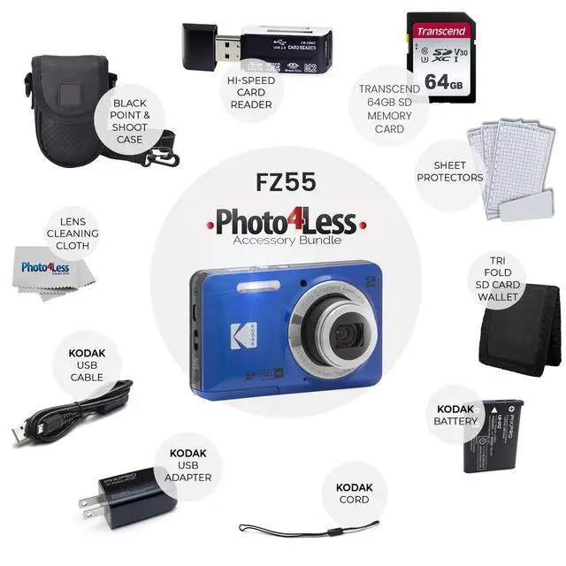 Alt view image 2 of 7 - Kodak PIXPRO FZ55 Digital Camera (Blue) + Black Point & Shoot Camera Case + Transcend 64GB SD Memory Card + Tri-fold Memory Card Wallet + Hi-Speed SD USB Card Reader + More!
