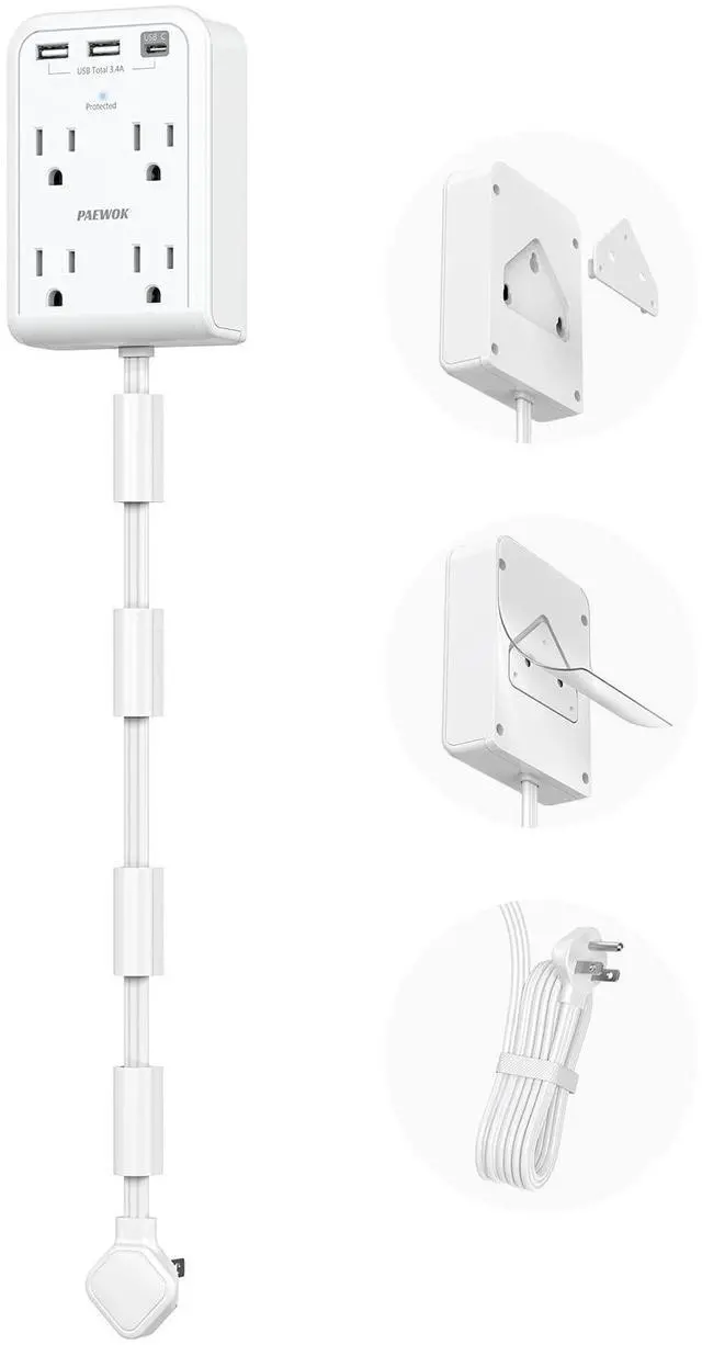 Main image of Short Power Strip 3FT, Outlet Extender Stick, Flat Wall Extension Cord | 4 AC Outlet, 3 USB Ports(1 Type C), Plug Extension Outlet, Small Surge Protector for Home Office Dorm Apartment