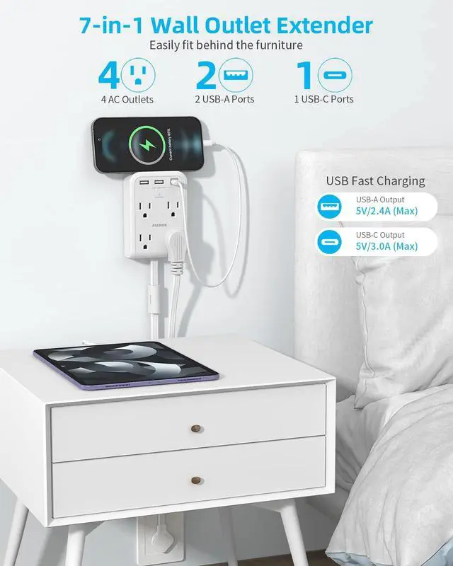 Alt view image 2 of 7 - Short Power Strip 3FT, Outlet Extender Stick, Flat Wall Extension Cord | 4 AC Outlet, 3 USB Ports(1 Type C), Plug Extension Outlet, Small Surge Protector for Home Office Dorm Apartment