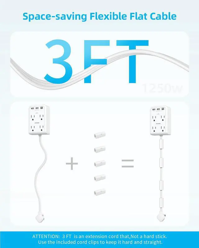 Alt view image 5 of 7 - Short Power Strip 3FT, Outlet Extender Stick, Flat Wall Extension Cord | 4 AC Outlet, 3 USB Ports(1 Type C), Plug Extension Outlet, Small Surge Protector for Home Office Dorm Apartment