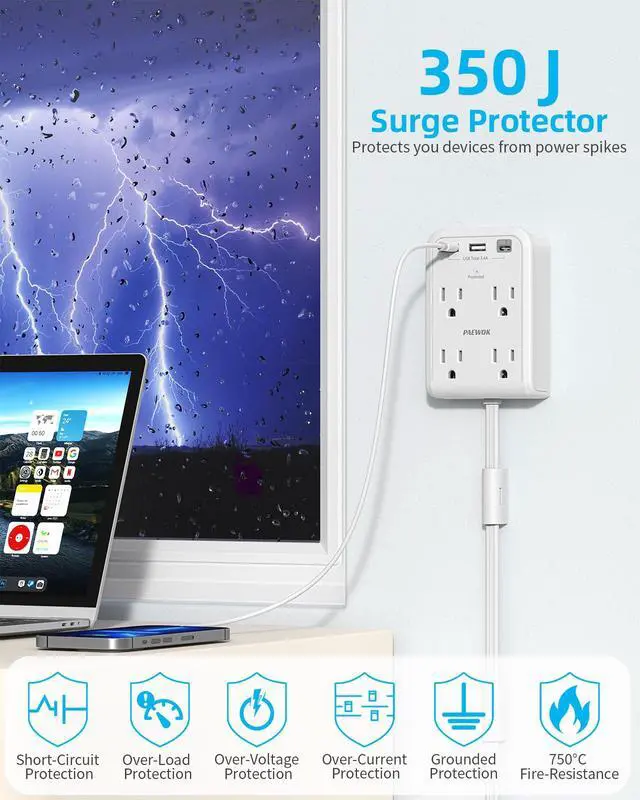 Alt view image 6 of 7 - Short Power Strip 3FT, Outlet Extender Stick, Flat Wall Extension Cord | 4 AC Outlet, 3 USB Ports(1 Type C), Plug Extension Outlet, Small Surge Protector for Home Office Dorm Apartment