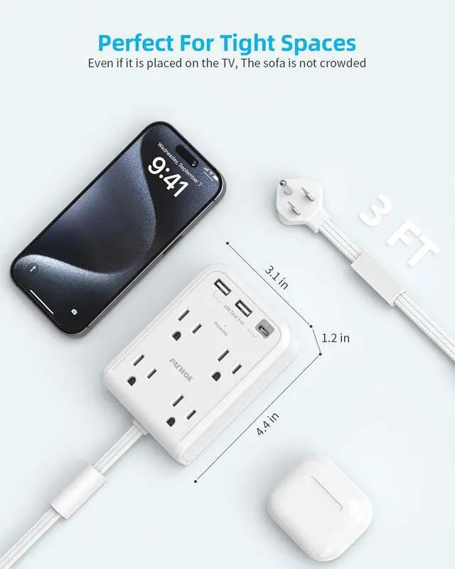Alt view image 7 of 7 - Short Power Strip 3FT, Outlet Extender Stick, Flat Wall Extension Cord | 4 AC Outlet, 3 USB Ports(1 Type C), Plug Extension Outlet, Small Surge Protector for Home Office Dorm Apartment