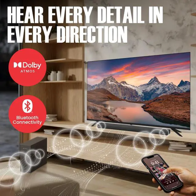 Alt view image 4 of 7 - 2.1 Soundbar, Wireless Subwoofer w/Dolby Atmos, 120W RMS & 240W Max Output, Compact Design, Bluetooth Streaming for Smart TV, Home Theater Audio and Multi-Devices, HDMI/eArc