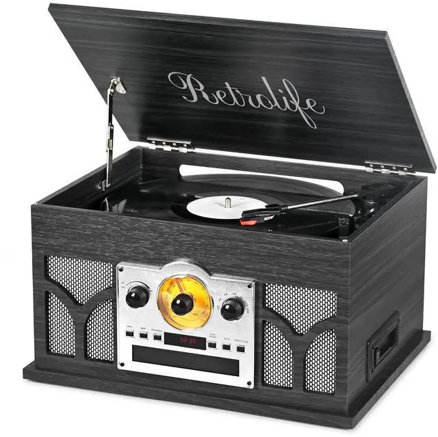 Main image of ® 10-in-1 Record Player with Speakers and Bluetooth, Black | 3-Speed Belt-Drive Turntable, CD/Cassette/USB/AM-FM radio, Built-in Stereo Speakers, RCA Output,Real Wood,for 7/10/12 Vinyl