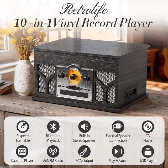 Alt view image 2 of 7 - ® 10-in-1 Record Player with Speakers and Bluetooth, Black | 3-Speed Belt-Drive Turntable, CD/Cassette/USB/AM-FM radio, Built-in Stereo Speakers, RCA Output,Real Wood,for 7/10/12 Vinyl