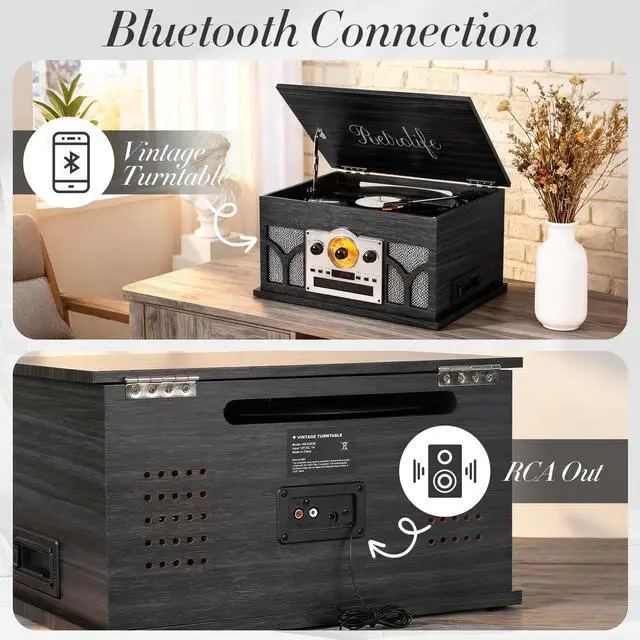 Alt view image 3 of 7 - ® 10-in-1 Record Player with Speakers and Bluetooth, Black | 3-Speed Belt-Drive Turntable, CD/Cassette/USB/AM-FM radio, Built-in Stereo Speakers, RCA Output,Real Wood,for 7/10/12 Vinyl