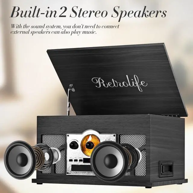 Alt view image 5 of 7 - ® 10-in-1 Record Player with Speakers and Bluetooth, Black | 3-Speed Belt-Drive Turntable, CD/Cassette/USB/AM-FM radio, Built-in Stereo Speakers, RCA Output,Real Wood,for 7/10/12 Vinyl