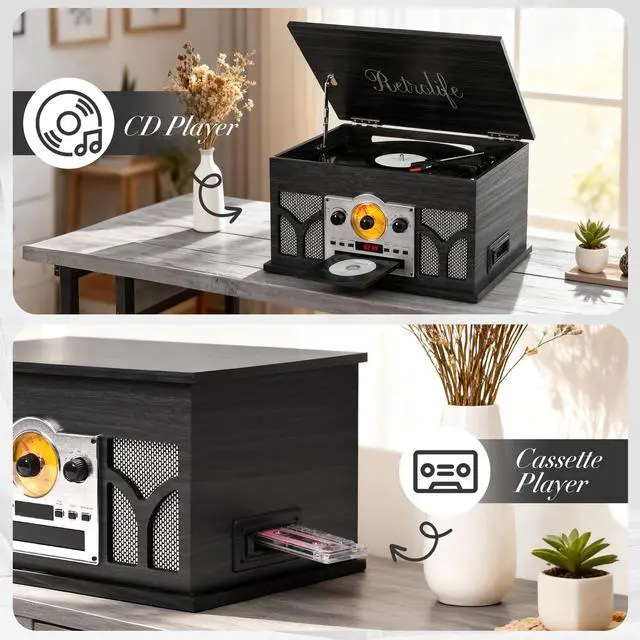 Alt view image 4 of 7 - ® 10-in-1 Record Player with Speakers and Bluetooth, Black | 3-Speed Belt-Drive Turntable, CD/Cassette/USB/AM-FM radio, Built-in Stereo Speakers, RCA Output,Real Wood,for 7/10/12 Vinyl
