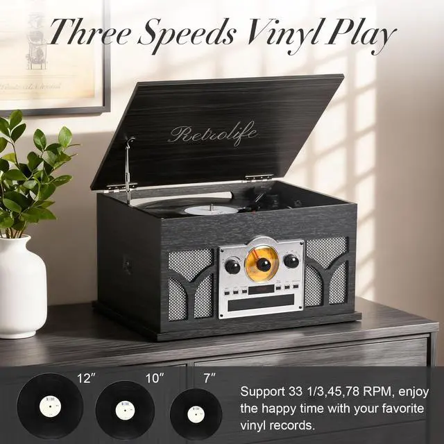 Alt view image 6 of 7 - ® 10-in-1 Record Player with Speakers and Bluetooth, Black | 3-Speed Belt-Drive Turntable, CD/Cassette/USB/AM-FM radio, Built-in Stereo Speakers, RCA Output,Real Wood,for 7/10/12 Vinyl