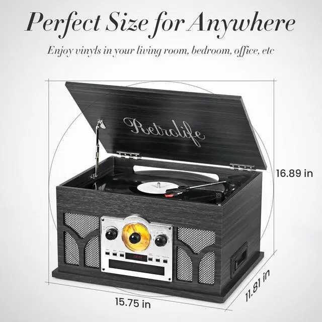 Alt view image 7 of 7 - ® 10-in-1 Record Player with Speakers and Bluetooth, Black | 3-Speed Belt-Drive Turntable, CD/Cassette/USB/AM-FM radio, Built-in Stereo Speakers, RCA Output,Real Wood,for 7/10/12 Vinyl
