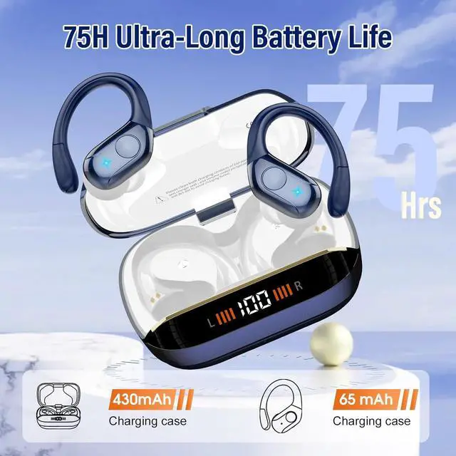 Alt view image 4 of 7 - Wireless Earbuds Bluetooth Headphones Stereo Deep Bass Sports Ear Buds with Earhooks, Bluetooth Earbuds, LED Display, IP7 Waterproof Earphone, Dark Blue