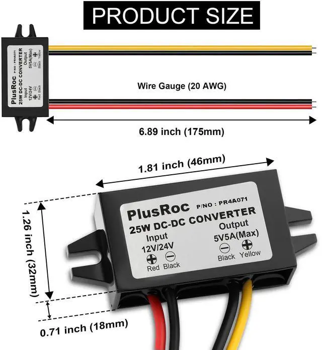 Alt view image 6 of 6 - 2-Pack Waterproof DC 12V/24V to 5V 5A Buck Converter, Open Wire | Stable 5V/5A Output, Waterproof Sealed Enclosure, Built-in Multi-Protection, For Automotive & DIY Electronics Projects