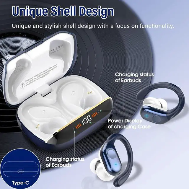 Alt view image 5 of 7 - Wireless Earbuds Bluetooth Headphones Stereo Deep Bass Sports Ear Buds with Earhooks, Bluetooth Earbuds, LED Display, IP7 Waterproof Earphone, Dark Blue