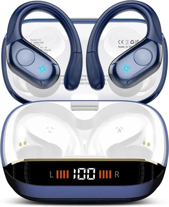 Main image of Wireless Earbuds Bluetooth Headphones Stereo Deep Bass Sports Ear Buds with Earhooks, Bluetooth Earbuds, LED Display, IP7 Waterproof Earphone, Dark Blue