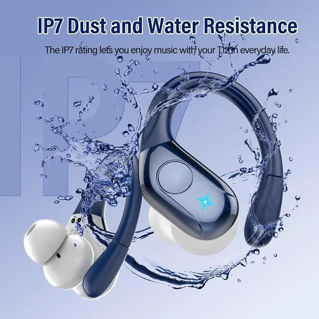 Alt view image 7 of 7 - Wireless Earbuds Bluetooth Headphones Stereo Deep Bass Sports Ear Buds with Earhooks, Bluetooth Earbuds, LED Display, IP7 Waterproof Earphone, Dark Blue