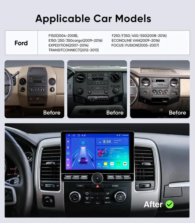 Alt view image 2 of 7 - 10in Car Stereo for Ford F150 F250 F350 2004-2016 CarPlay Auto | Fits F150 04-08 F250 F350 08-16, Work Glove Knob Keybutton, 4G+64GB ROM for Offline Maps, QLED Screen, 1080P Back Up Camera