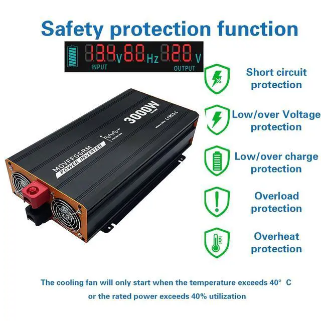 Alt view image 2 of 7 - 3000W Pure Sine Wave Power Inverter peak-6000 Watt,DC 12V to 110V,with 3xAC,USB Port,LCD Digital Display