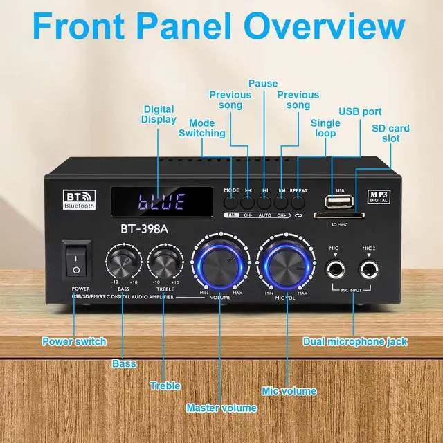 Alt view image 2 of 7 - Romica Stereo Audio Amplifier, 2 Channel 450W Bluetooth 5.0 Home Audio Stereo Receiver with FM Radio, USB, SD, Optical & Coaxial Inputs, Amplifier for Passive Speakers and Active subwoofer