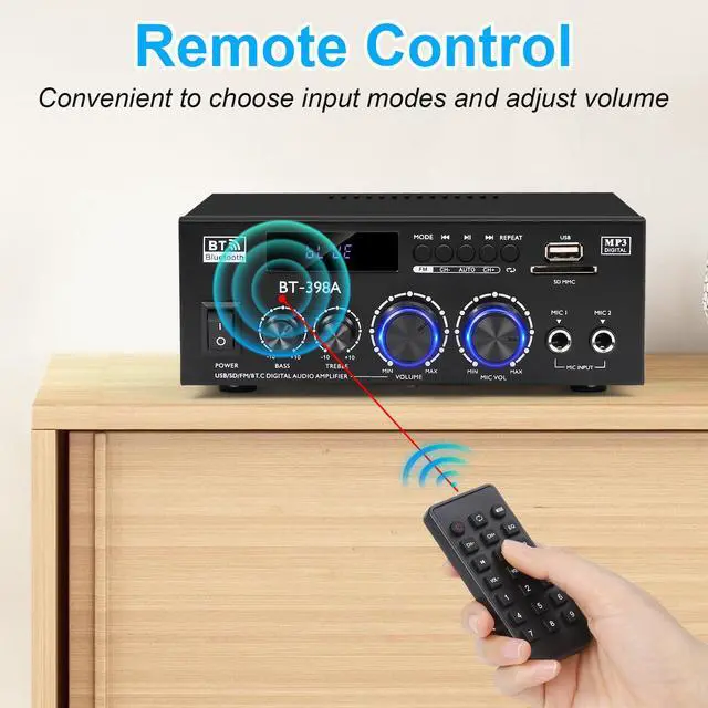 Alt view image 6 of 7 - Romica Stereo Audio Amplifier, 2 Channel 450W Bluetooth 5.0 Home Audio Stereo Receiver with FM Radio, USB, SD, Optical & Coaxial Inputs, Amplifier for Passive Speakers and Active subwoofer