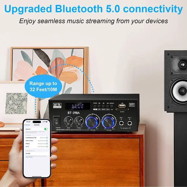 Alt view image 4 of 7 - Romica Stereo Audio Amplifier, 2 Channel 450W Bluetooth 5.0 Home Audio Stereo Receiver with FM Radio, USB, SD, Optical & Coaxial Inputs, Amplifier for Passive Speakers and Active subwoofer