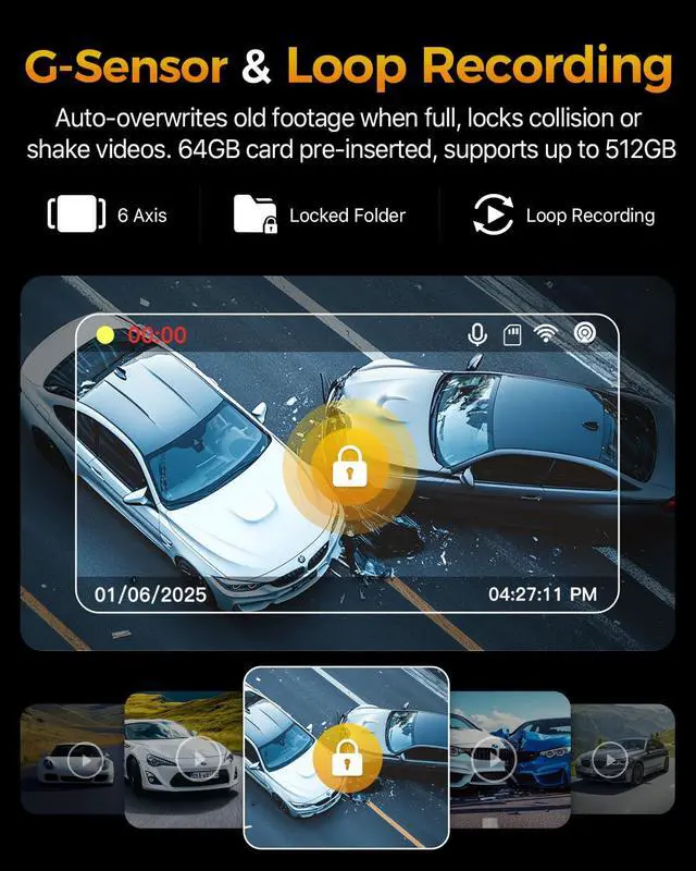 Alt view image 6 of 7 - 4K 3 Channel Dash Cam Front and Rear Inside, 3" IPS Screen | 5.8GHz WiFi Dash Camera for Cars, Built-in GPS, G-Sensor, 64GB Card Included, 24H Park Mode