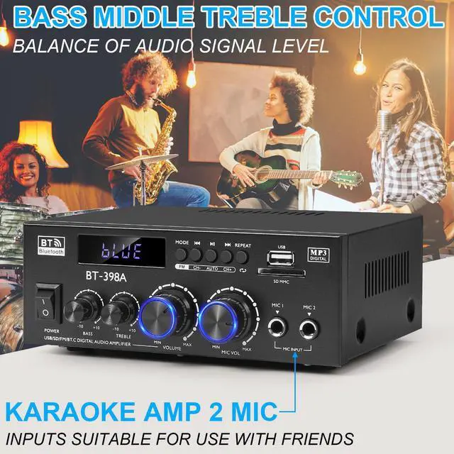 Alt view image 7 of 7 - Romica Stereo Audio Amplifier, 2 Channel 450W Bluetooth 5.0 Home Audio Stereo Receiver with FM Radio, USB, SD, Optical & Coaxial Inputs, Amplifier for Passive Speakers and Active subwoofer