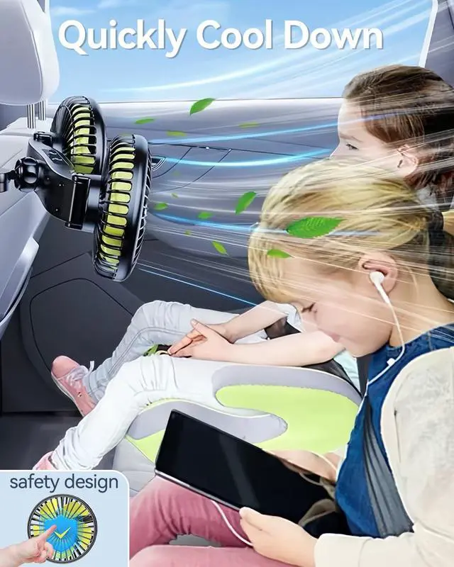 Alt view image 3 of 7 - Backseat Car Fan for Kids, 360° Dual Head USB Car Fan for Back Seat, 3-Speeds Adjustable Car Backseat Fan for Sedan SUV RV Truck