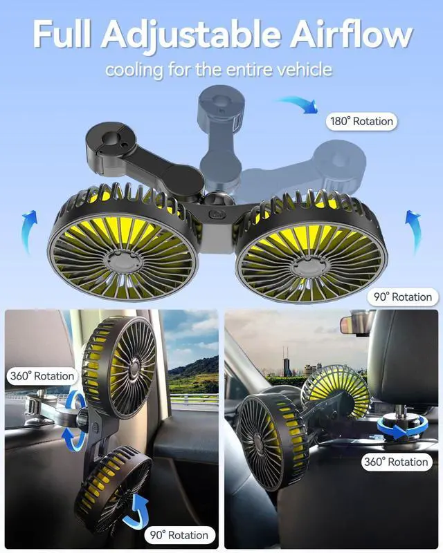 Alt view image 4 of 7 - Backseat Car Fan for Kids, 360° Dual Head USB Car Fan for Back Seat, 3-Speeds Adjustable Car Backseat Fan for Sedan SUV RV Truck