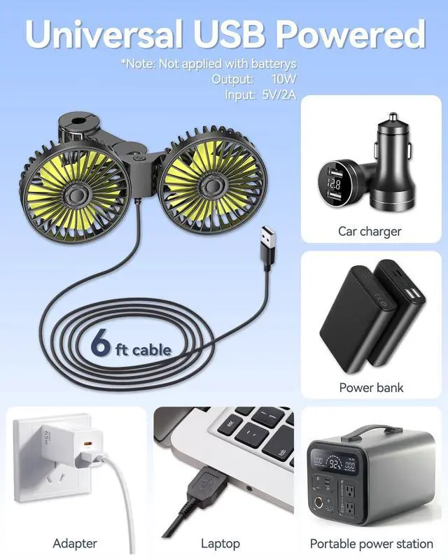 Alt view image 6 of 7 - Backseat Car Fan for Kids, 360° Dual Head USB Car Fan for Back Seat, 3-Speeds Adjustable Car Backseat Fan for Sedan SUV RV Truck