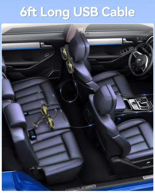 Alt view image 7 of 7 - Backseat Car Fan for Kids, 360° Dual Head USB Car Fan for Back Seat, 3-Speeds Adjustable Car Backseat Fan for Sedan SUV RV Truck