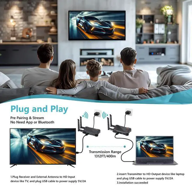 Alt view image 2 of 6 - Wireless HDMI Transmitter and Receiver: 1312ft Wireless HDMI Extender with Loopout, 2.4/5G 1080P Adapter Support IR Remote for Streaming from DSLR,Laptop,Netflix,YouTube to TV/Projector Indoor/Outdoor