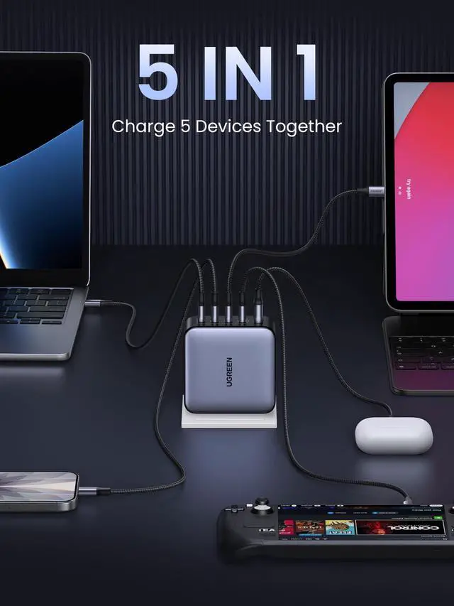 Alt view image 3 of 7 - Nexode 100W GaN USB C Laptop Charger, 5-Port Fast Charging Power Adapter Compatible with MacBook Pro/Air, iPhone 17/16/15 Series, Galaxy S25/S24, Pixel 10/9, iPad Air, Steam Deck
