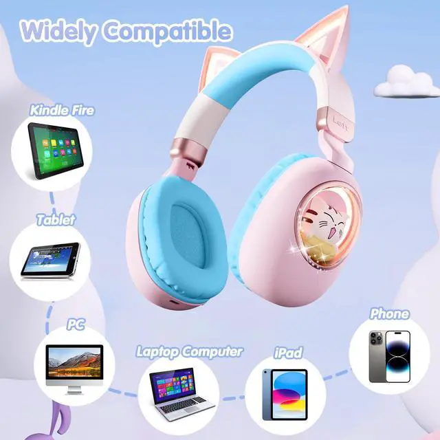 Alt view image 2 of 7 - Kids Headphones Cat Ear - Bluetooth 5.4 Over-Ear Noise Cancelling Headphones with Microphone LED Lights Up 85dB Safe Volume Limit Wireless or 3.5mm Wired USB C(Pink Blue)