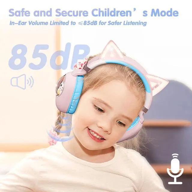 Alt view image 4 of 7 - Kids Headphones Cat Ear - Bluetooth 5.4 Over-Ear Noise Cancelling Headphones with Microphone LED Lights Up 85dB Safe Volume Limit Wireless or 3.5mm Wired USB C(Pink Blue)