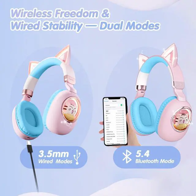 Alt view image 3 of 7 - Kids Headphones Cat Ear - Bluetooth 5.4 Over-Ear Noise Cancelling Headphones with Microphone LED Lights Up 85dB Safe Volume Limit Wireless or 3.5mm Wired USB C(Pink Blue)