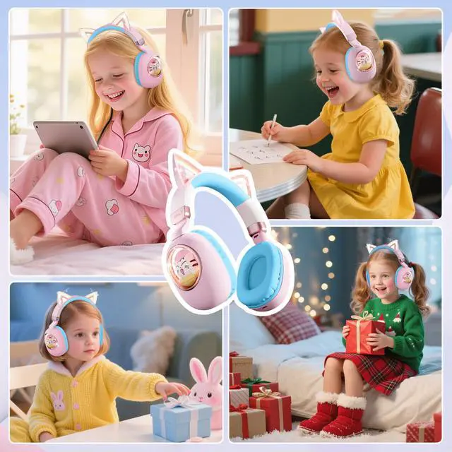 Alt view image 7 of 7 - Kids Headphones Cat Ear - Bluetooth 5.4 Over-Ear Noise Cancelling Headphones with Microphone LED Lights Up 85dB Safe Volume Limit Wireless or 3.5mm Wired USB C(Pink Blue)