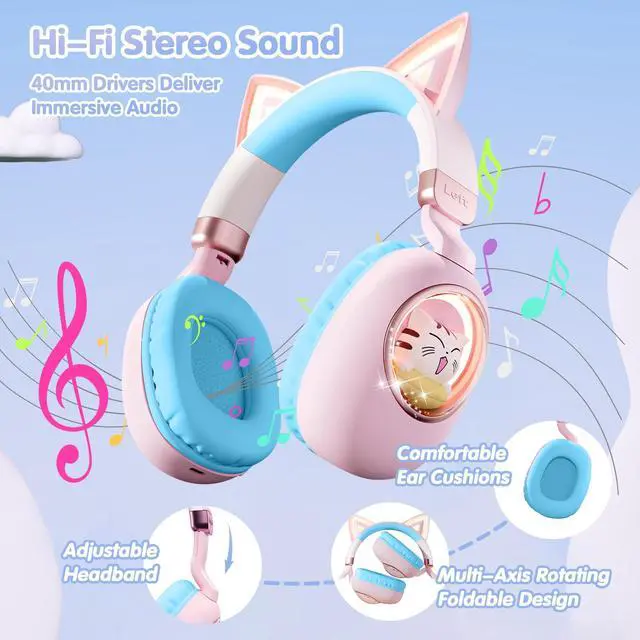 Alt view image 6 of 7 - Kids Headphones Cat Ear - Bluetooth 5.4 Over-Ear Noise Cancelling Headphones with Microphone LED Lights Up 85dB Safe Volume Limit Wireless or 3.5mm Wired USB C(Pink Blue)