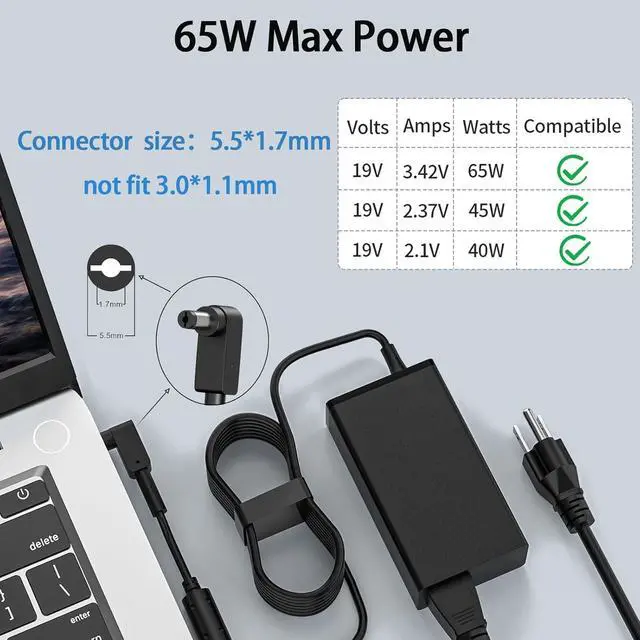 Alt view image 7 of 7 - N19C3 65W 45W 5.5x1.7mm Laptop Charger Compatible with Acer Aspire A515-43-R19L A315-21 A515-51 E5-575 A315-41 A315-53 N17C4 N16Q2 N19C1 E15 E5 E1 ES1 N17Q4 N15W5 19V 3.42A Adapter Power Cord