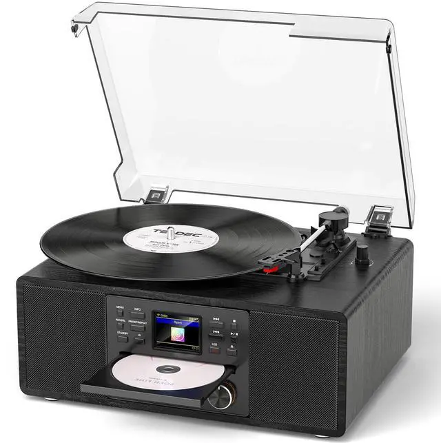 Main image of Bluetooth Vinyl Record Player with CD & Internet Radio, 3-Speed Belt-Drive Turntable with USB Recording, AUX/RCA Output, Tone & Remote Control, Vintage Black Vinyl Player for Home Entertainment & Gift