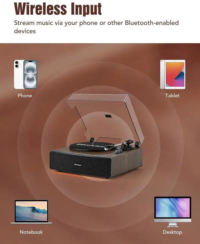 Alt view image 2 of 6 - Vinyl Record Player with Adjustable Lighting, All-in-One Turntable | Bluetooth Input, Built-in Speakers, AT-3600L Cartridge, Belt Drive 33/45 RPM, Auto Stop