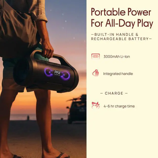 Alt view image 5 of 7 - Portable Bluetooth Boombox Speaker - 40W Max Power, 2.0 Channel Rechargeable Barrel Style Speaker with TWS, LED Lights - AUX In, USB-C, MicroSD Card and FM Radio, Voice Control - PBMWP185