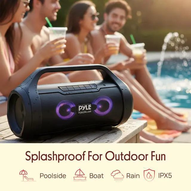 Alt view image 6 of 7 - Portable Bluetooth Boombox Speaker - 40W Max Power, 2.0 Channel Rechargeable Barrel Style Speaker with TWS, LED Lights - AUX In, USB-C, MicroSD Card and FM Radio, Voice Control - PBMWP185